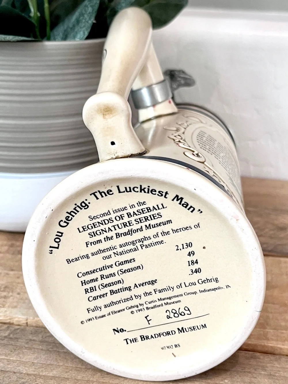 VTG 1993 Lou Gehrig The Luckiest Man Lidded Stein Bradford Museum COA